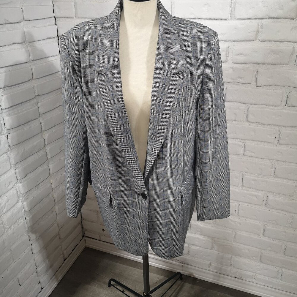 Steve Madden Ladies Size XL Grey Blue & Black Plaid 1 Button Lined Blazer